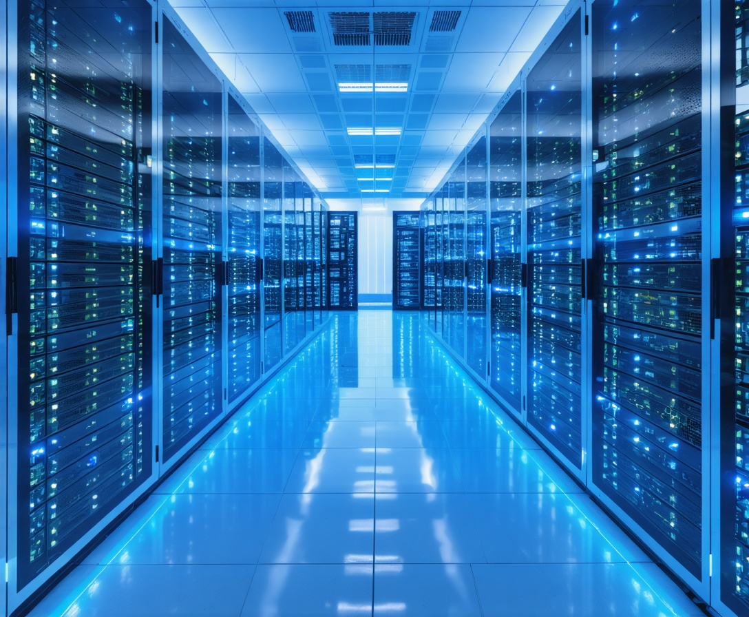 Blau beleuchteter Serverraum mit LEDs