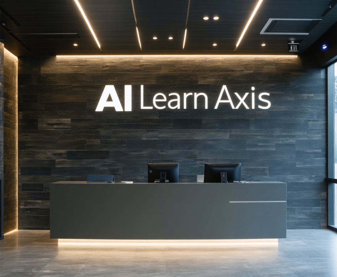 Moderner Empfangsbereich der AI Learn Axis Akademie mit Logo-Wand