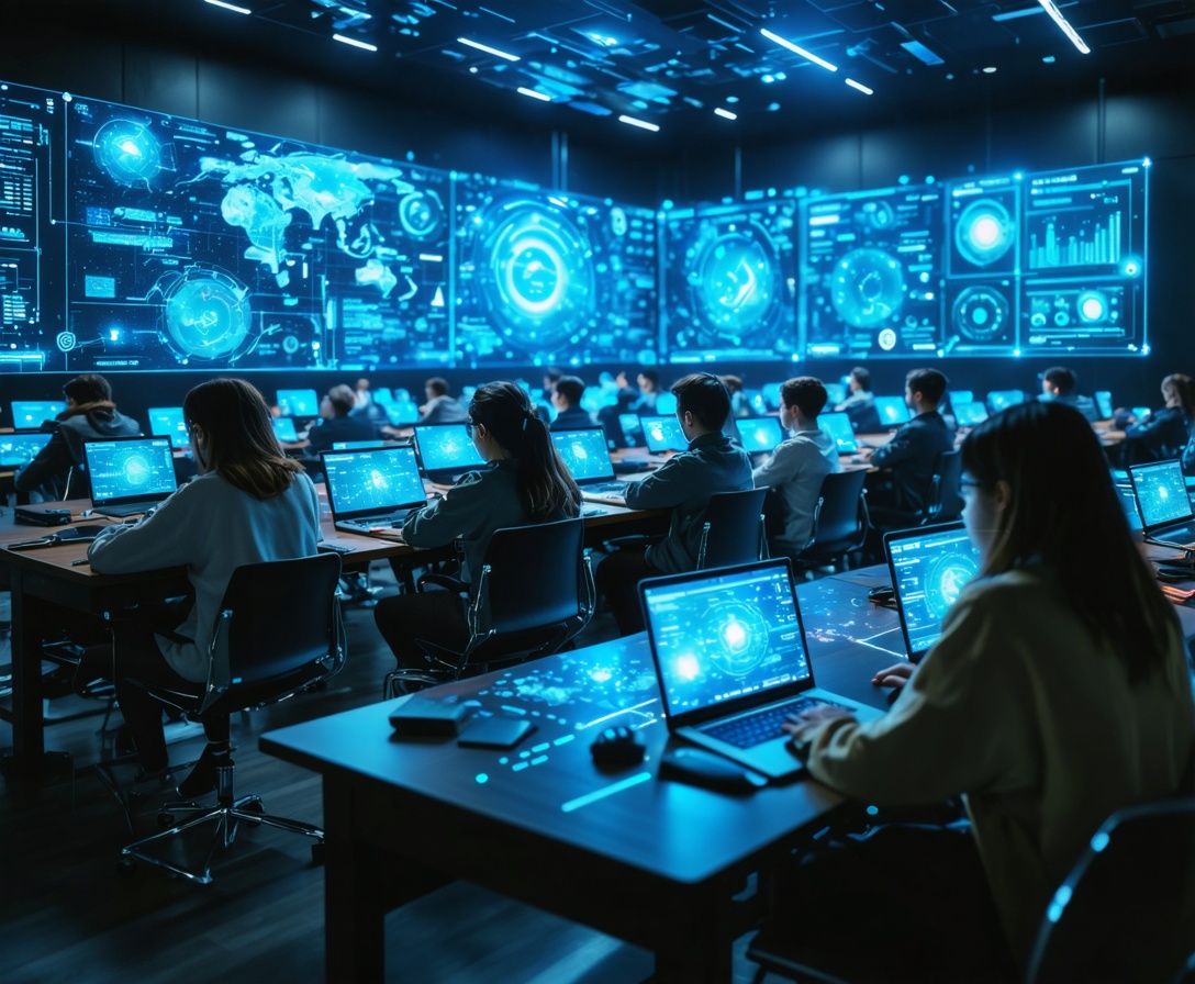 Modernes digitales Klassenzimmer mit blauen Hologrammen